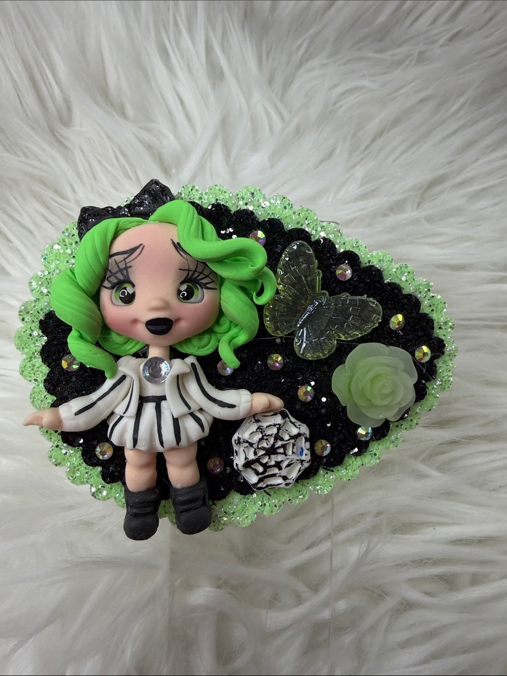 Beetlejuice Green-Haired Gothic Doll Brooch with Black & Neon Green Accents